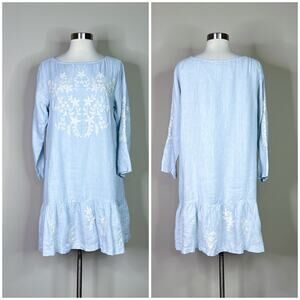 Roller Rabbit | Ebonie Linen Blue White Floral Embroidered Ruffle Hem Dress S